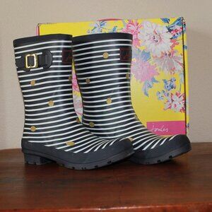 Joules Molly Welly Rain boot Striped Nautical Navy White Gold Dot Size 9 Classic